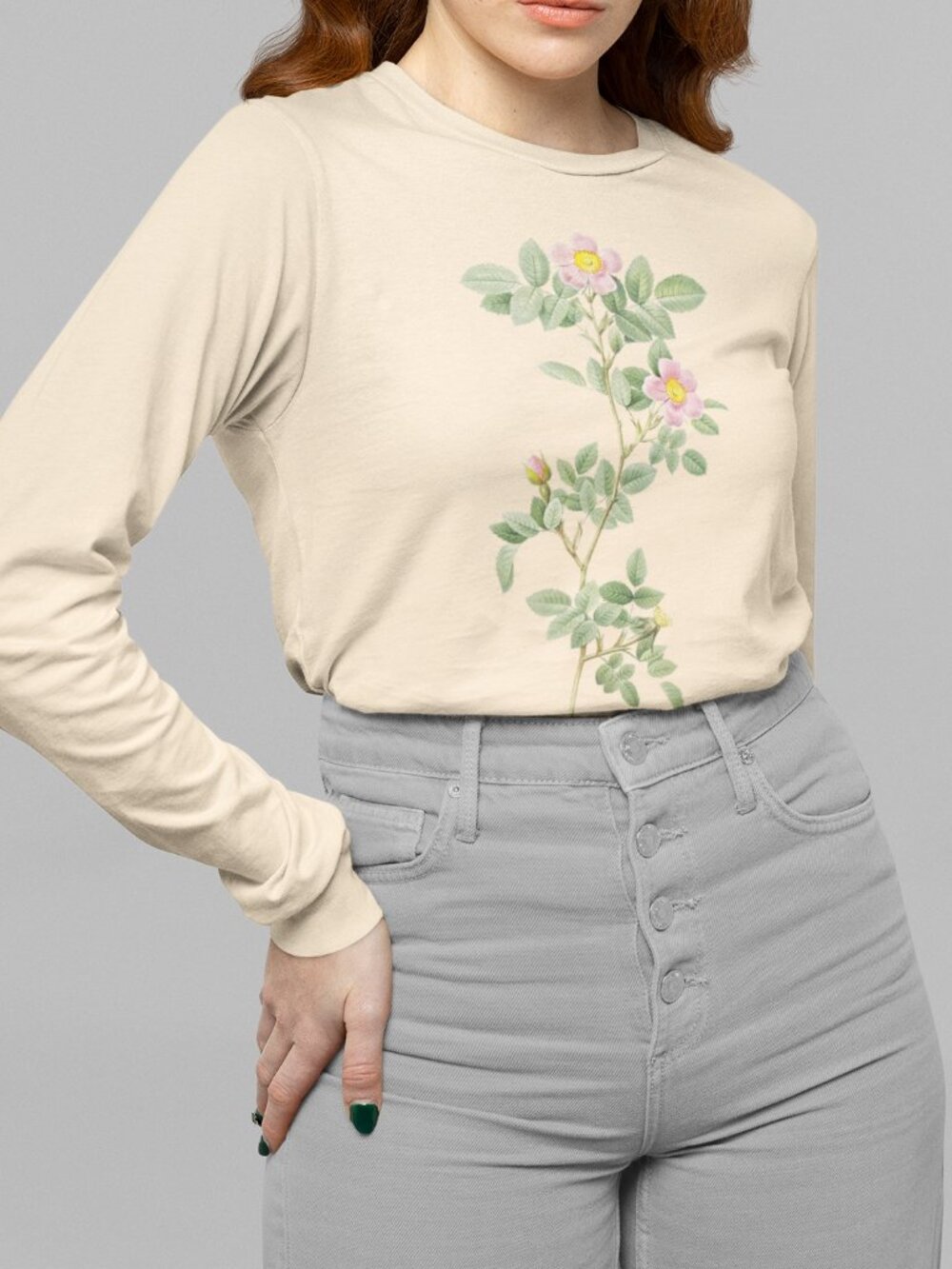 Chinaberry Vintage Floral Print Long Sleeve Graphic Tee T-shirt S-XXL